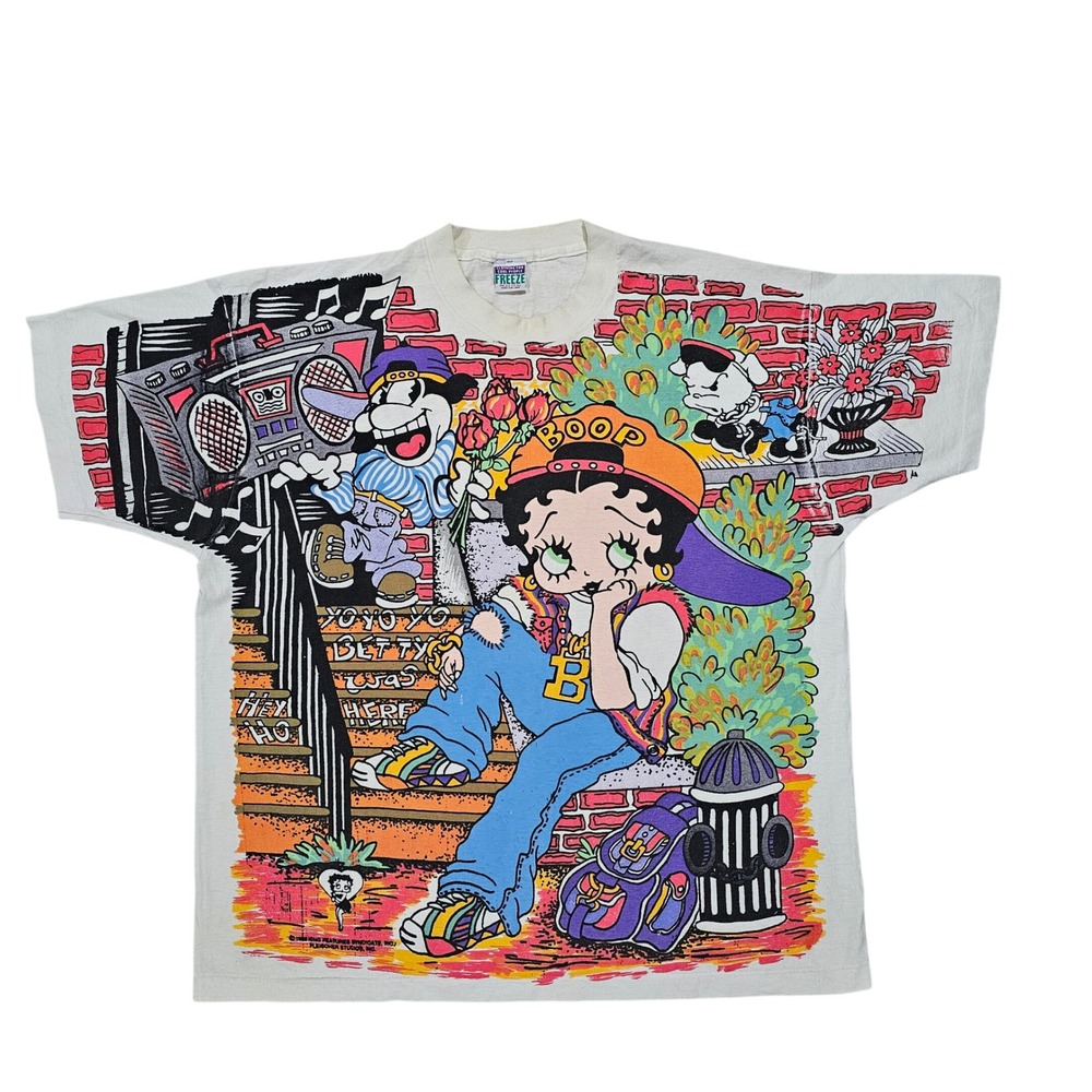 Freeze Betty Boop Mens One Size White Hip Hop All Over Print T-Shirt 90s Vintage